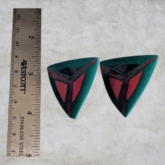 Vintage 1980s Geometric Turquoise and Pink Earrings Pierced - Picture 2 of 4